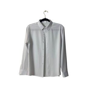 White Long-Sleeve Button-Up Shirt By Hengtuteng Size L Collared Polyester Blend
